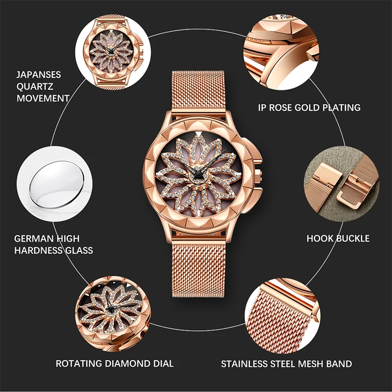 MEGALITH для женщин Роскошные часы с кристаллами вращающаяся шкала водостойкий