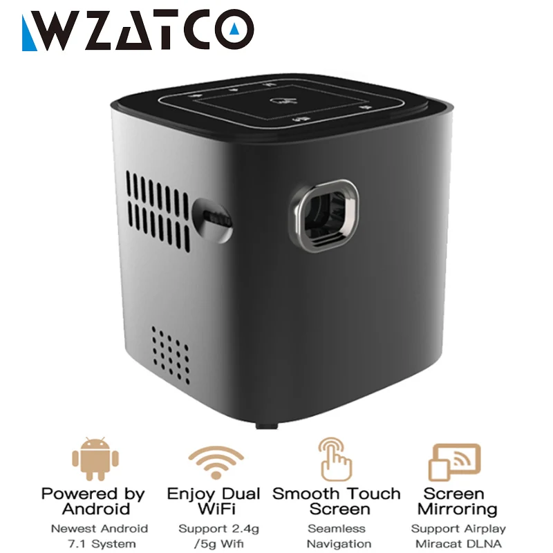 WZATCO DLP мини-проектор 3400 мАч батарея Android 7,1 Wifi Bluetooth Full HD 1080P домашний кинотеатр портативный проектор