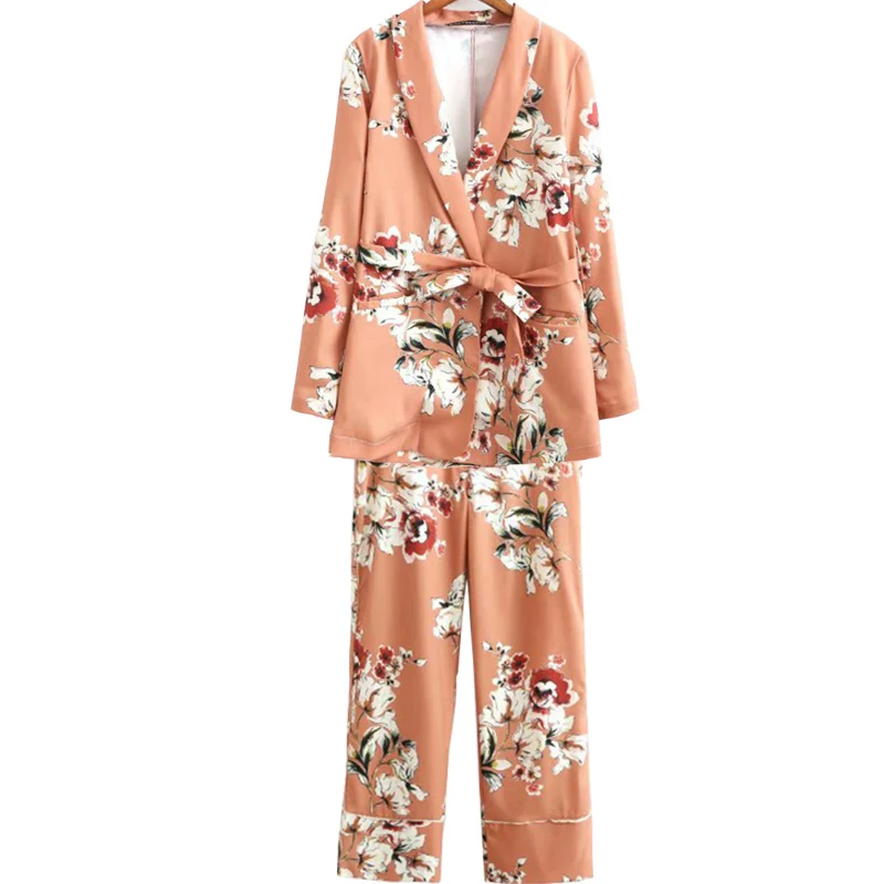 Flower Print Sets GCAROL Новинка весна осень женские наборы Цветочный Принт блейзер куртки костюм пальто широкие брюки две части повседневные топы брюки - Цвет: Flower Print Sets