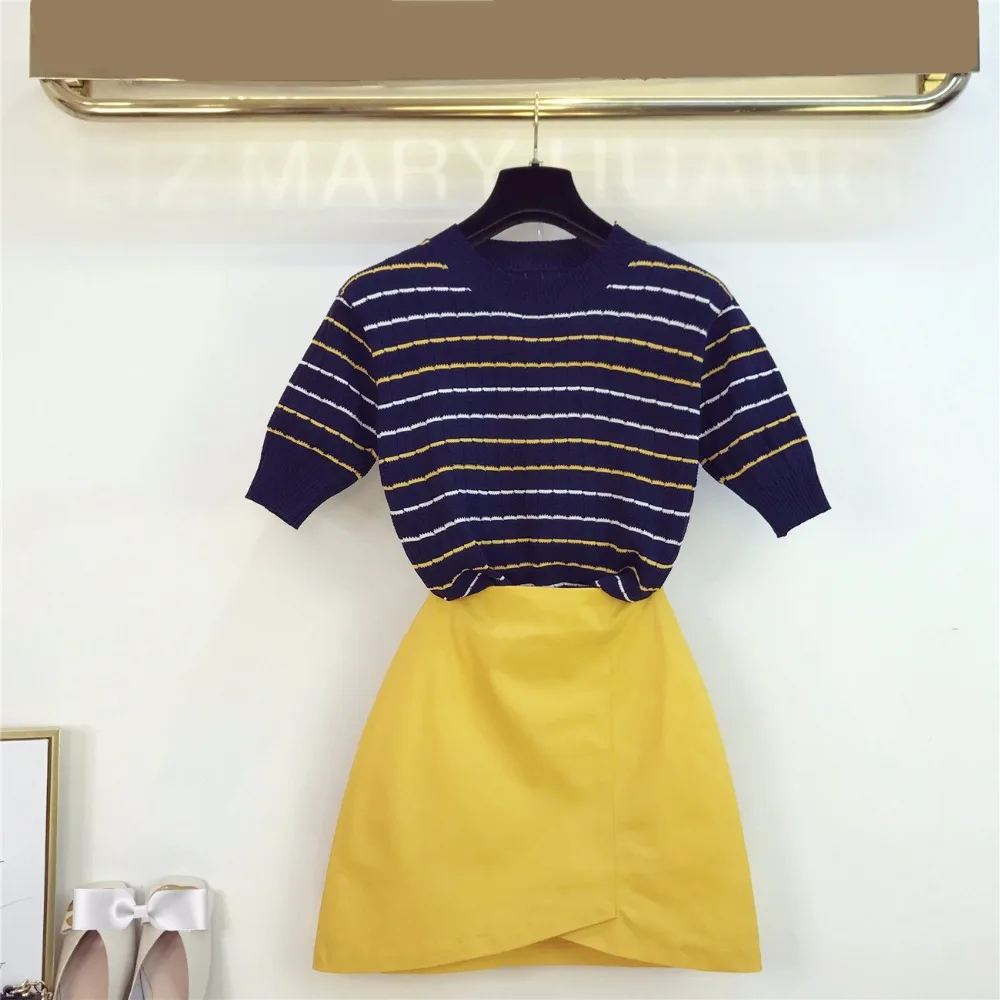 2019 летние модные комплекты Для женщин с короткими рукавами вязанный футболка +