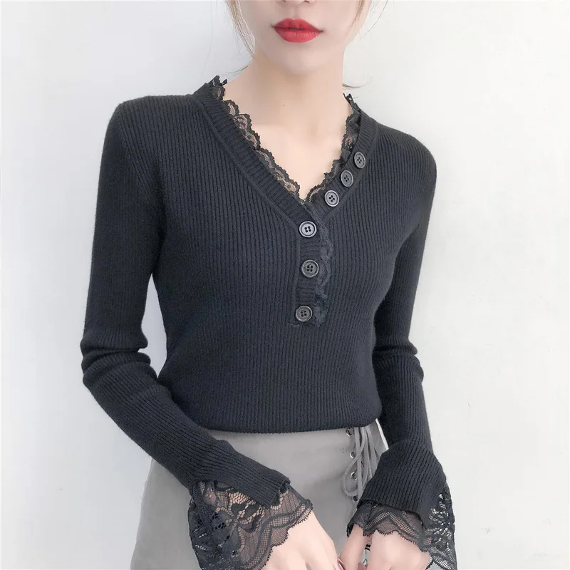 Winter V-neck Knitted Sweater Women 2019 Basic And Pullovers Jumper Lace Long Sleeve Button Decoration | Женская одежда