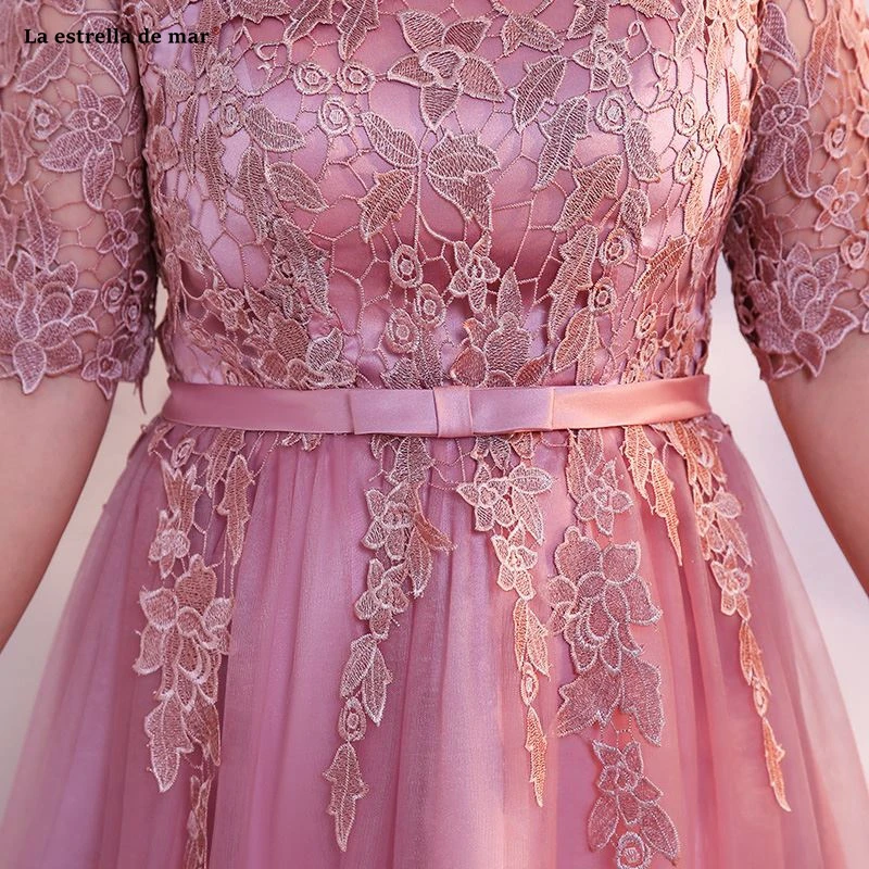 Большие размеры vestidos de madrinha, новинка, из кружева, с вырезом на шее, с коротким рукавом, трапециевидной формы, бирюзового, синего, румяна, розового цвета, свадебное платье для гостей, длина чая