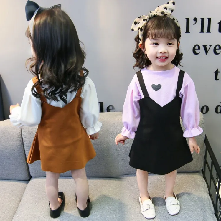 Платье на бретелях для девочек однотонная хлопковая рубашка с длинными рукавами