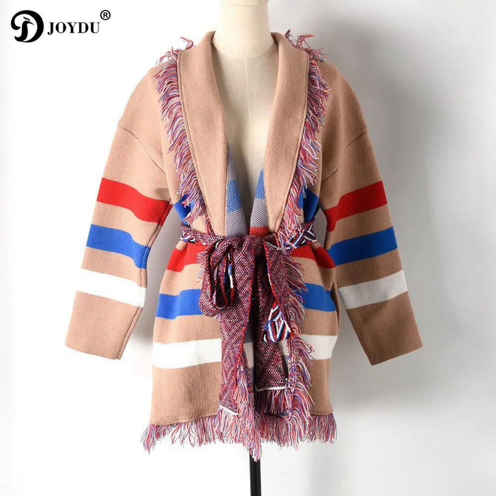 JOYDU Runway Poncho Cardigan Sweater Women 2018 Winter Thick Cape Tassel Lapel Wool Coat Jacket Color Block Striped Knit Jumper |