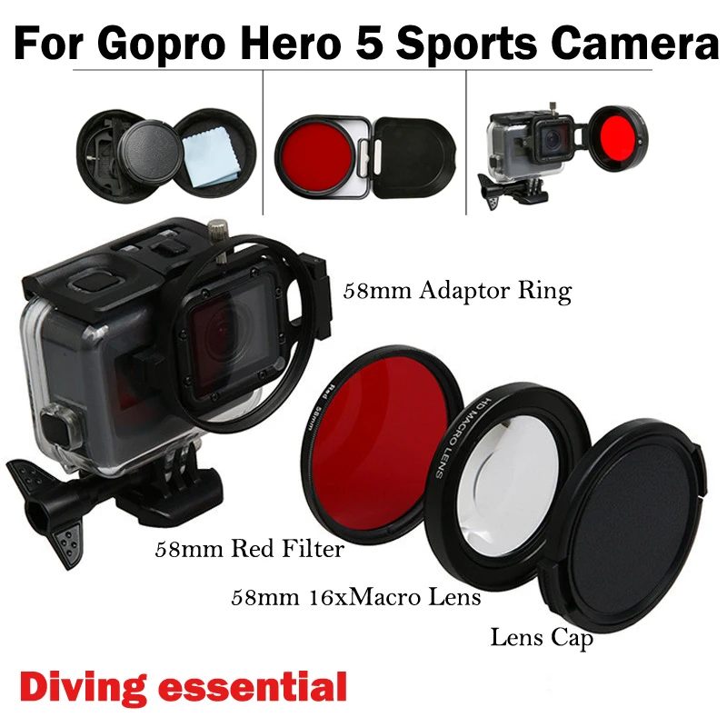 58 мм Go Pro HERO 5 16x макрообъектив + УФ красный фильтр крышка объектива для GoPro hero pro Hero
