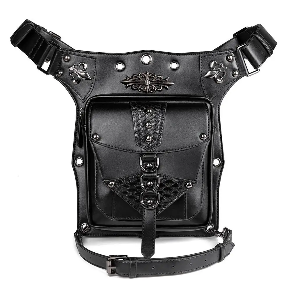GearDuke панк Готическая мотоциклетная сумка с заклепками Женская Мужская цепочка в стиле «стимпанк» поясная Сумка мото Байкерская сумка через плечо нагрудная сумка - Цвет: Черный
