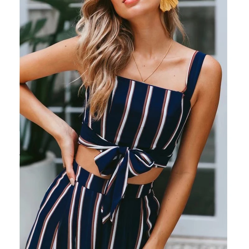 Casual Women 2 Pieces Set Office Lady Stripe Sleeveless Bow Tank Pants Summer Elegant Piece Korean Style | Женская одежда