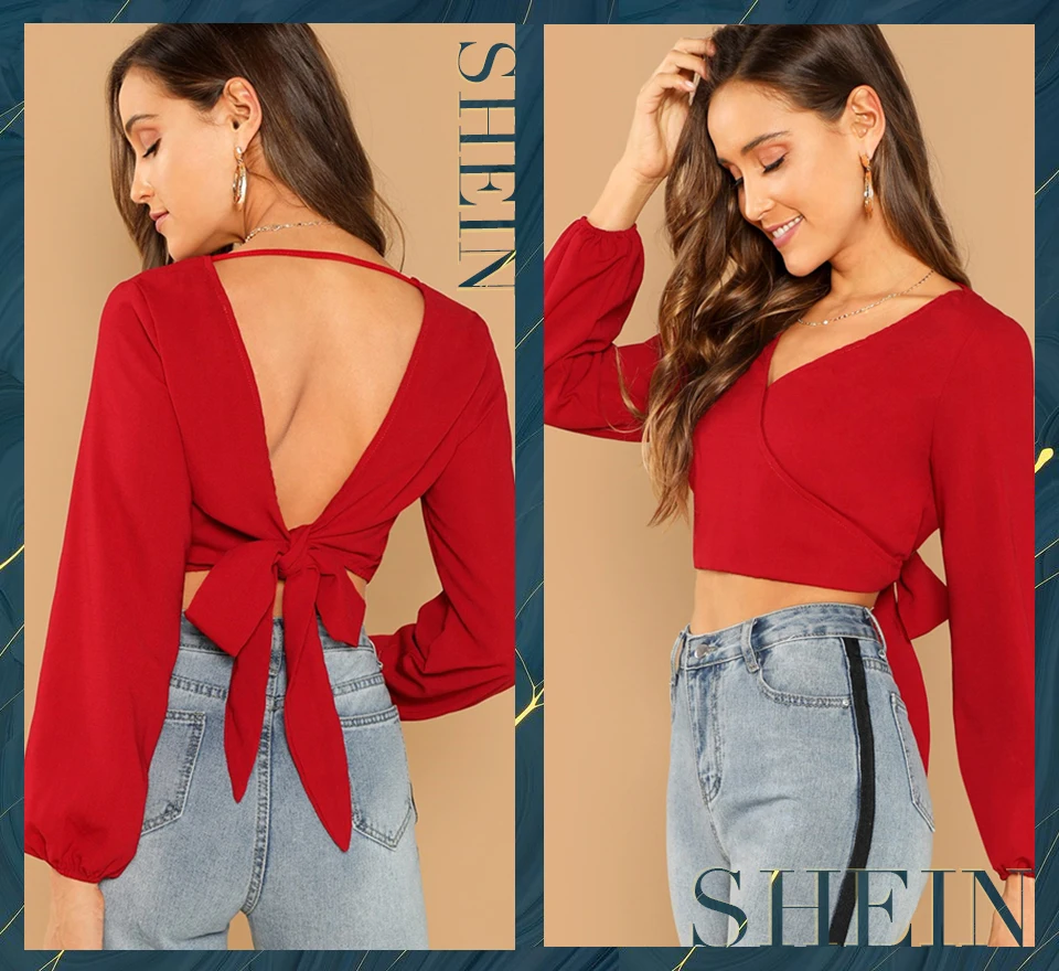 SHEIN красный сексуальный ночной женский топ с рукавом Бишоп с открытой спиной и v-образным вырезом на спине, приталенный Женский пуловер, Осенние современные женские блузки