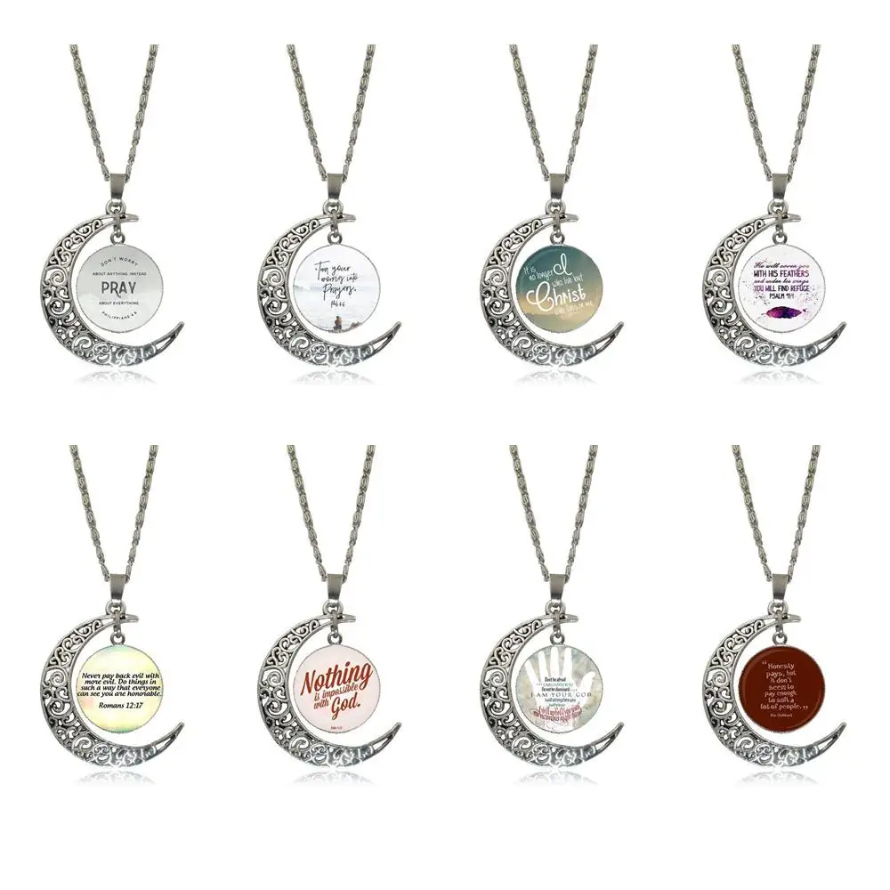 Ожерелье с плоским кулоном EJ Glaze с цитатой из Библии, серебряного цвета, стильное украшение из стекла в форме луны для подарка без разделения по полу