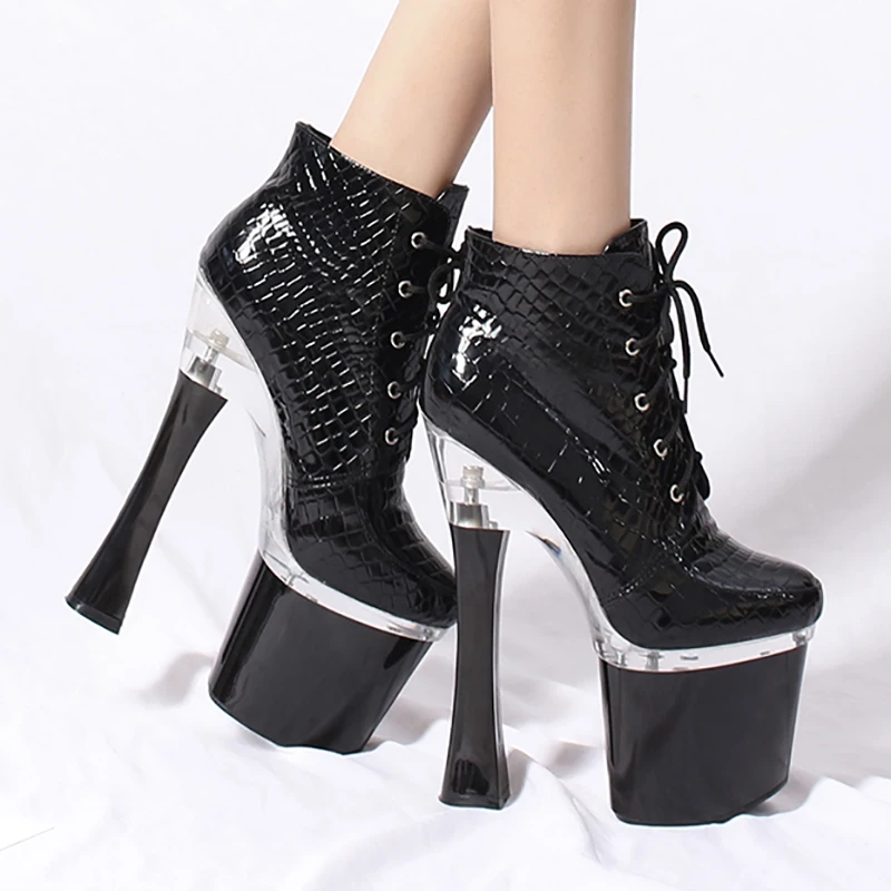 

Boots Women Shoes Platform High Heels Ankle Boots Black Lace Up Glossy Snakeskin Leather Fenty Beauty Winter Boots Ladies Shoes