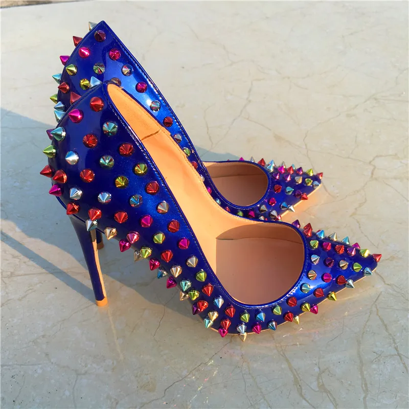 Женские лакированные туфли с заклепками Яркие на высоком каблуке острым носком
