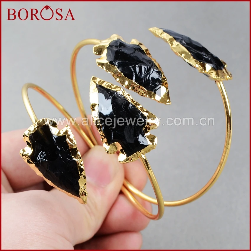 

Женский браслет с натуральным черным обсидиановым камнем BOROSA, регулируемый позолоченный браслет с двумя камнями, G0527