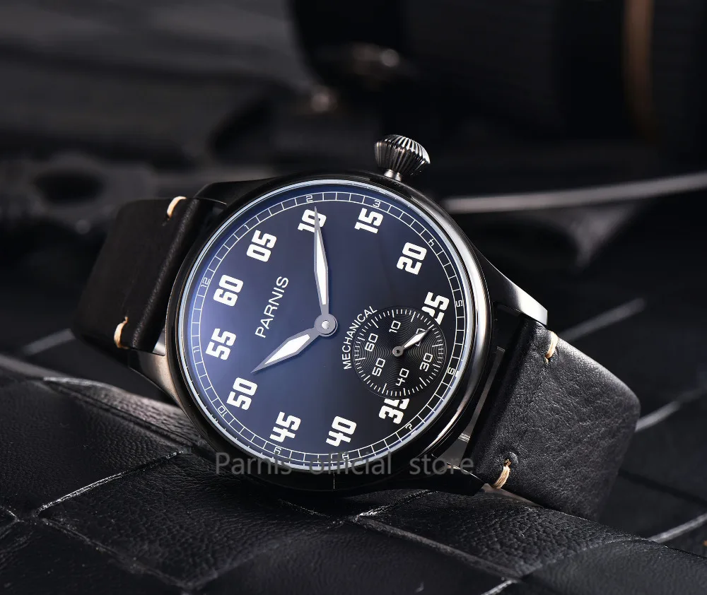 

Parnis Brand Mechanical Hand Wind Watches 44mm Gold Watch Men Small Second and Hours Leather