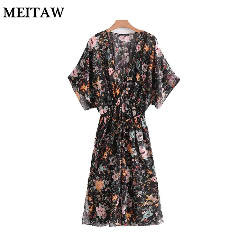 Летняя шифоновая блузка рубашка длинное кимоно 2019 бохо стиль с цветочным принтом