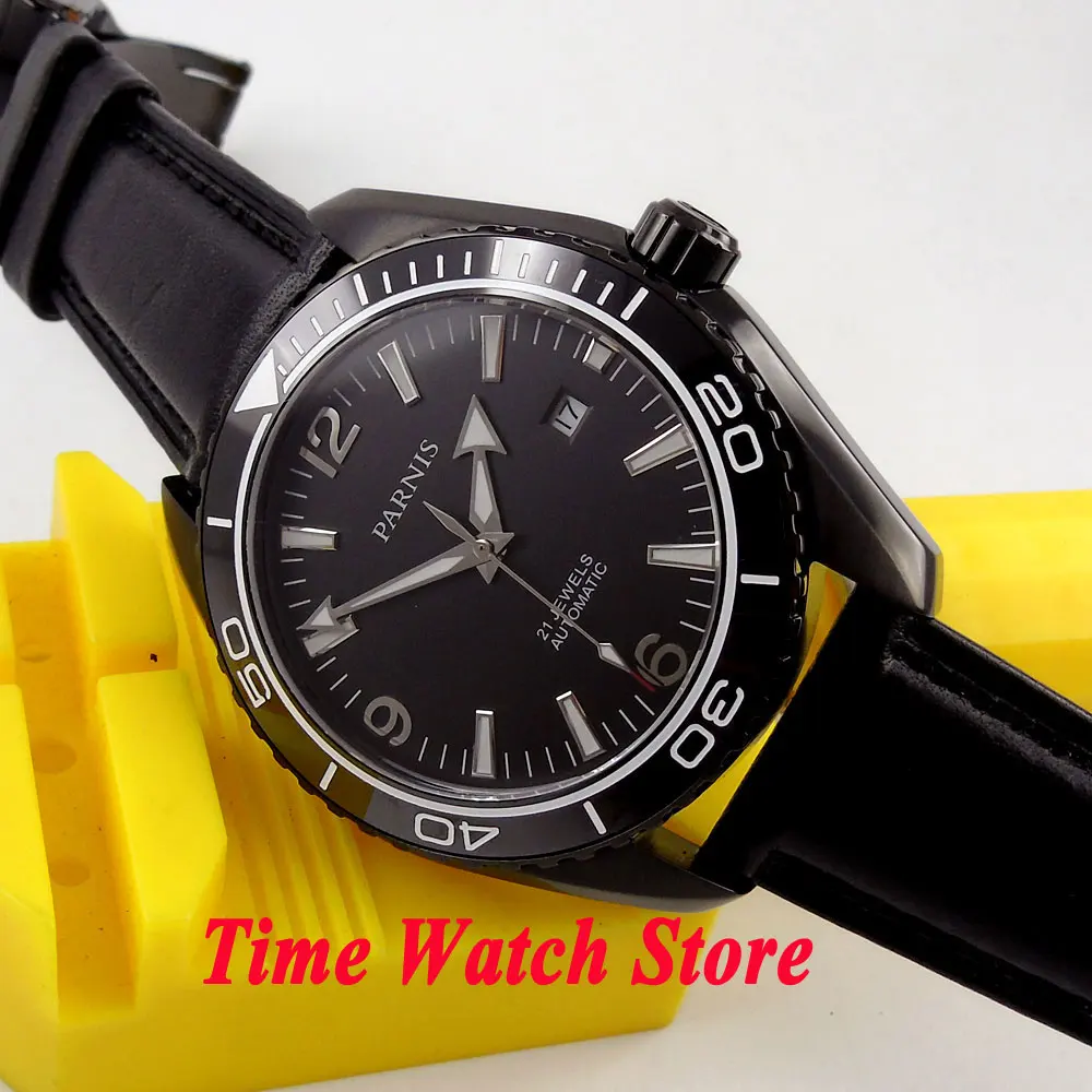 Часы Parnis 45 мм с черным циферблатом PVD чехол сапфировое стекло 21 драгоценность MIYOTA