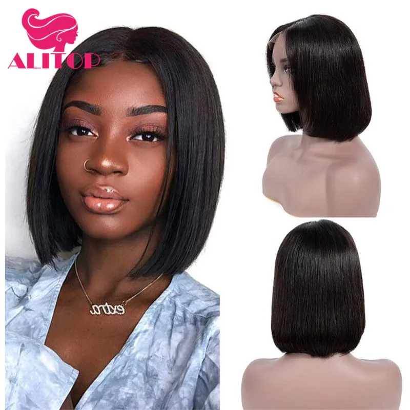 

ALITOP Straight Short Bob Lace Front Human Hair Wigs with Baby Hair 13x4 Natural Color Brazilian Remy Hair Wig For Black Women