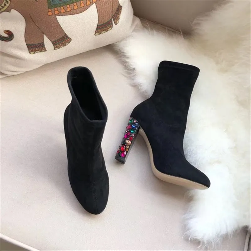 black long Silla/женские ботфорты выше колена из эластичного флока; женские сапоги на очень высоком каблуке с круглым носком, украшенные кристаллами; сапоги из натуральной кожи; облегающие сапоги - Цвет: black long