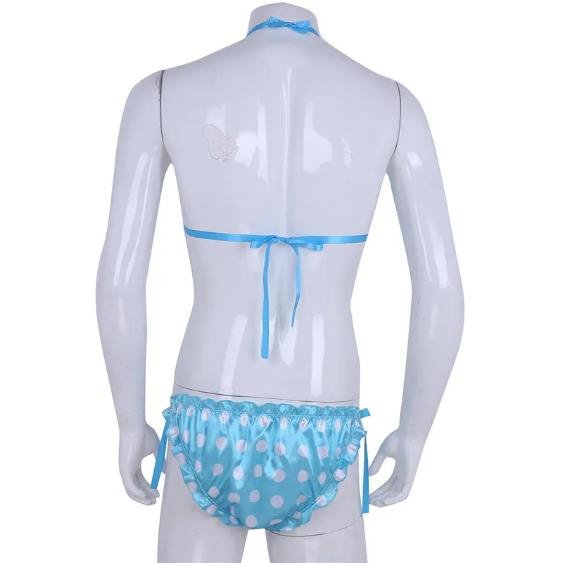 Мужской гофрированный Frilly Блестящий гладкий горошек Strappy Сисси набор белья бикини без косточек Холтер бюстгальтер топ с трусами нижнее белье