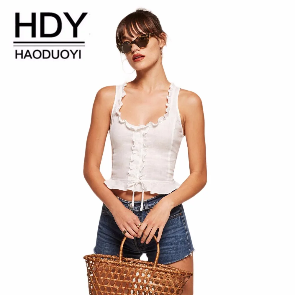 HDY Haoduoyi модный белый бант для женщин майка без рукавов Bralette Cami Ruffle Bodycon обрезанный Женский Топ Повседневная тонкая майка Короткие топы