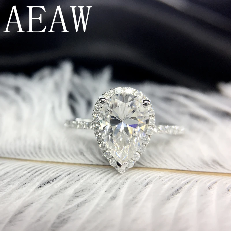 

AEAW 14K White Gold Pear Cut Moissaite 1ct DF Lab Diamond Halo Engagement Ring Free shipping For Women