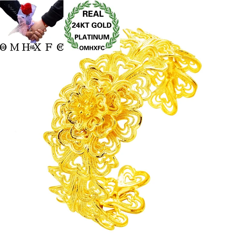 

OMHXFC Wholesale European Fashion Hot Woman Female Party Birthday Wedding Mother Gift Luxury Flowers Open 24KT Gold Bangle BE305