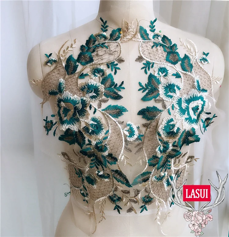 Кружевная аппликация LASUI 43*19 см зеленая и золотая нитка с вышивкой ювелирные