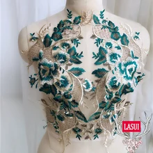 Кружевная аппликация LASUI 43*19 см зеленая и золотая нитка с