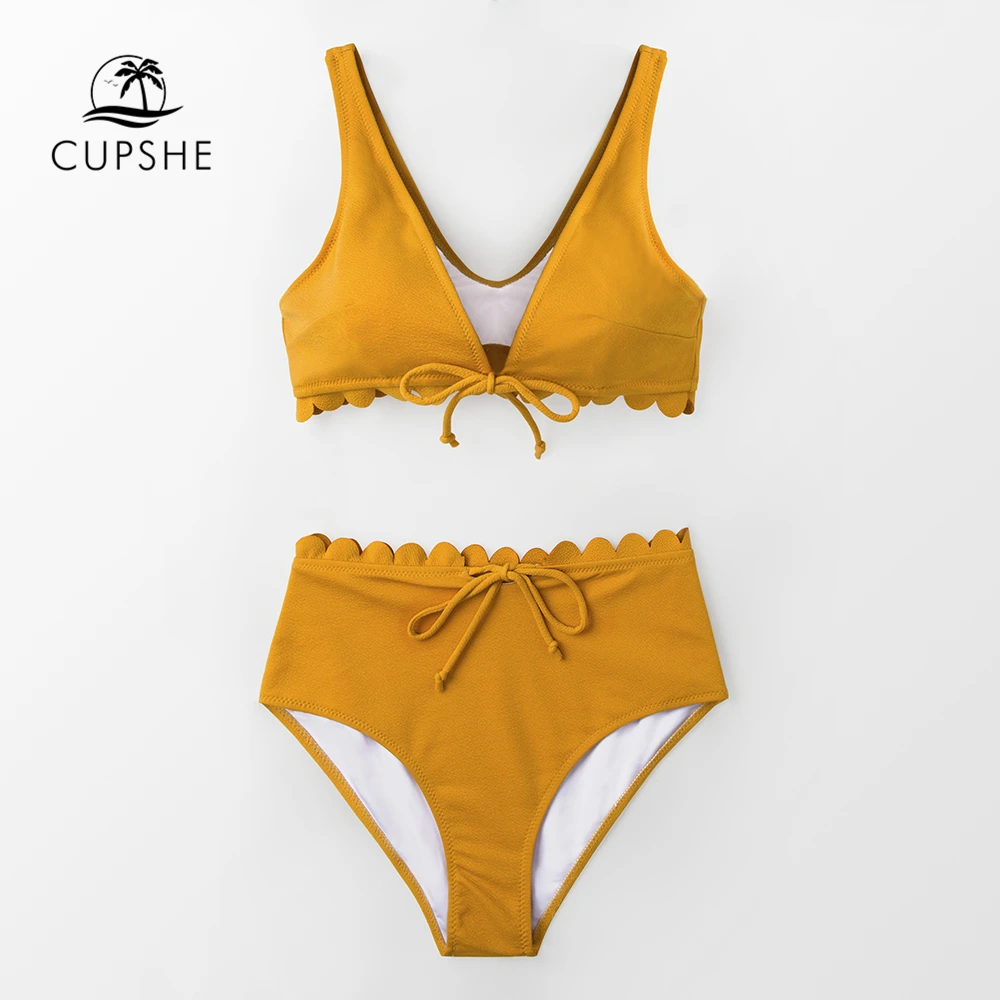 CUPSHE, сексуальный, желтый, с завязками спереди, волнистый, бикини, наборы, для женщин, высокая талия, Одноцветный, из двух частей, купальники,, для девушек, пляжные купальники