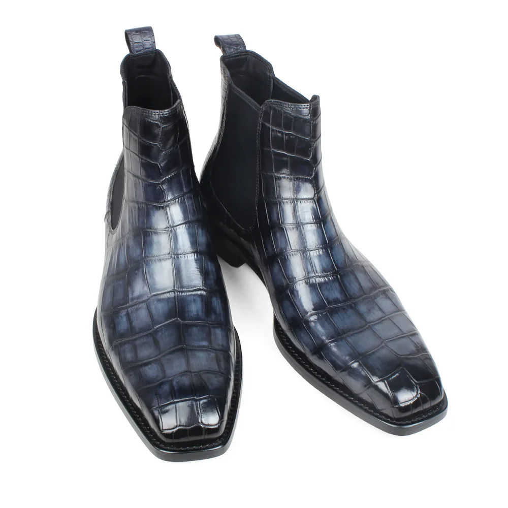 Gray Blue VIKEDUO/; мужские ботильоны из натуральной крокодиловой кожи; мужская обувь ручной работы с квадратным носком; зимняя обувь «Челси»; Zapatos - Цвет: Gray Blue