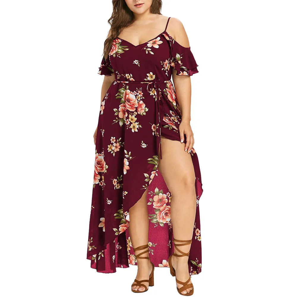 5XL Tall Women Sexy V-Neck Vintage Black Flowers Print Plus Size Dress Backless Bandage Lace Up Long Irregular Maxi Dresses | Женская