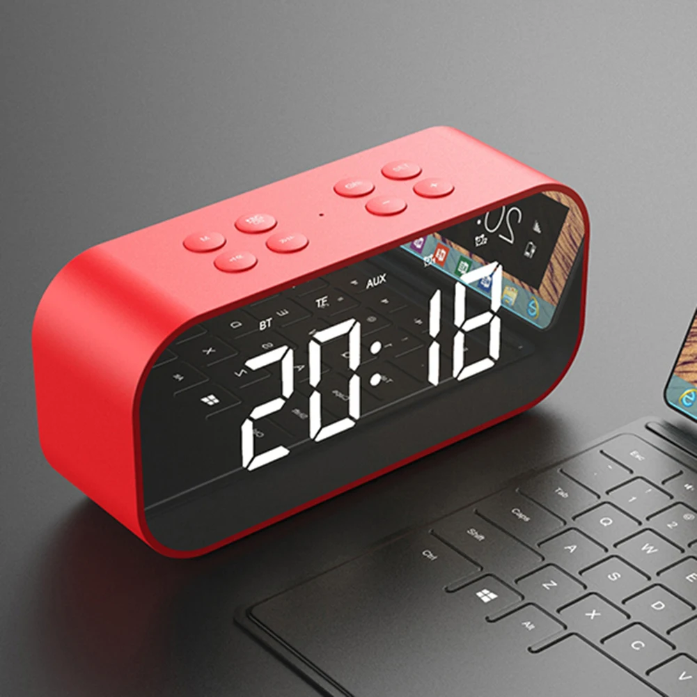 Bluetooth Speaker with FM Radio LED Mirror Alarm Clock Subwoofer Music Player Snooze Desktop Clock Portable Mirror MP3 Player