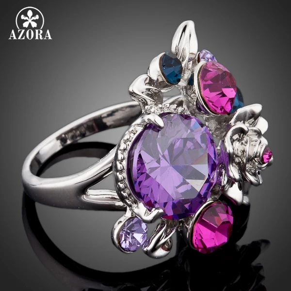 AZORA Unique Design White Gold Color Multicolor Stellux Austrian Crystal Flower Ring TR0048 | Украшения и аксессуары