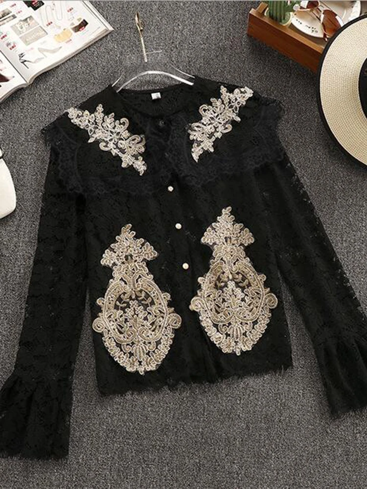 2019 Spring New Fairy Hollowed Peter Pan Collar White Lace Women Shirts Flare Sleeve Full Sleeves Tops For Free Shipping |