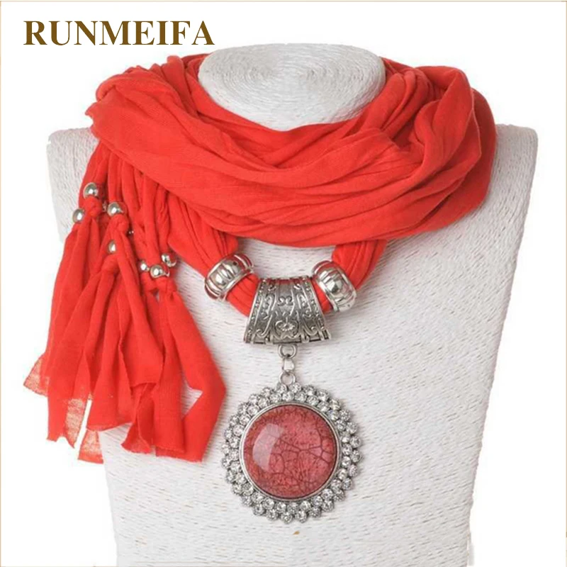 Long scarves pendant necklace women Oval shaped charm with big glass stones 5 color available round precious stone scarf |