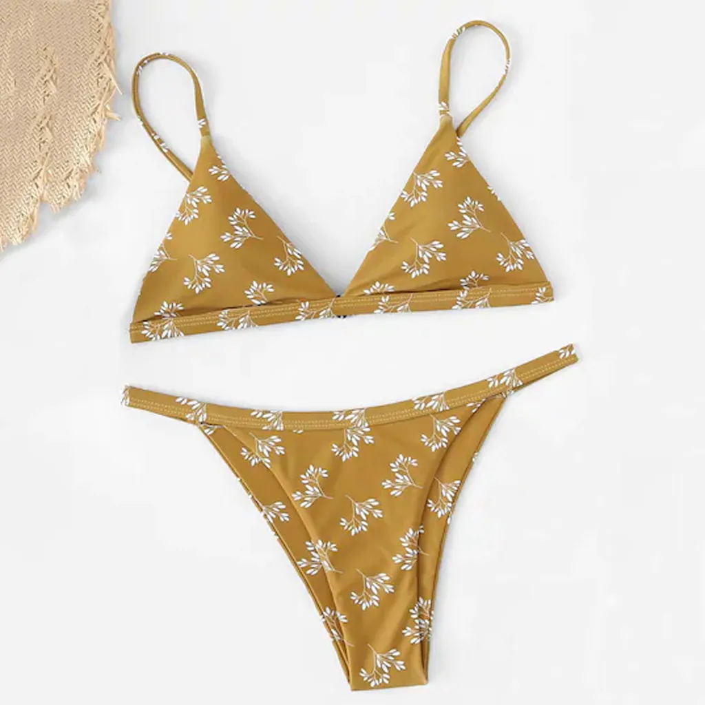 Для женщин пуш ап бюстгальтер Винтаж печатные желтый пляж из двух частей краткое