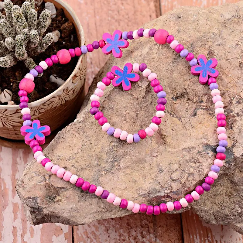

TopHanqi Lovely Girls Jewelry Sets Wood Beads Flower Shape Necklace Bracelet Set For Kids Children's Birthday Party Jewelry Gift