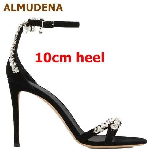 10cm heel ALMUDENA/блестящие босоножки на высоком каблуке с украшением в виде кристаллов; Свадебная обувь из черной замши серебристого цвета; блестящая СТРАЗА; туфли-лодочки на тонком каблуке с пряжкой и ремешком - Цвет: 10cm heel