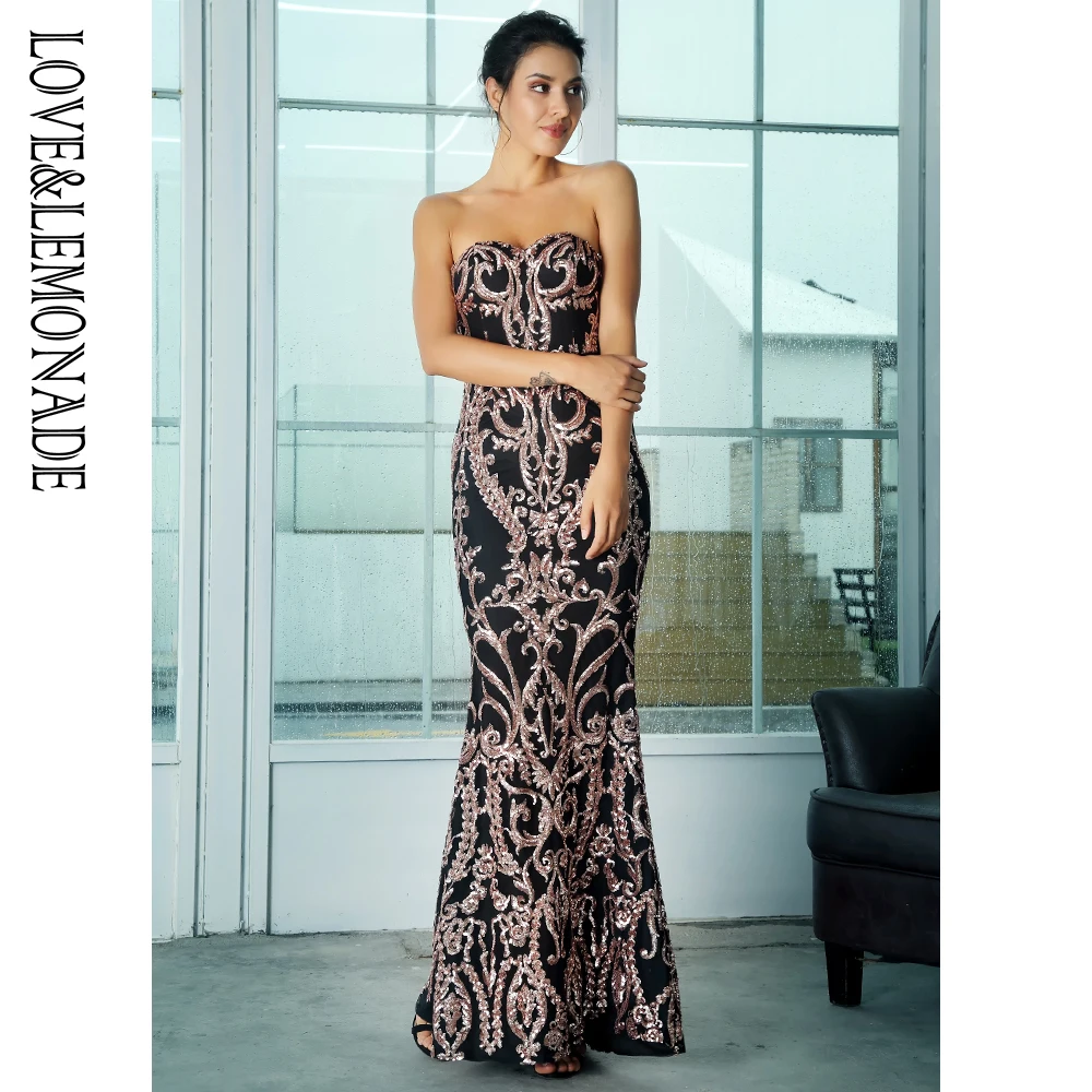 Женское длинное платье LOVE & LEMONADE розовое золото в форме рыбий хвост с блестками на