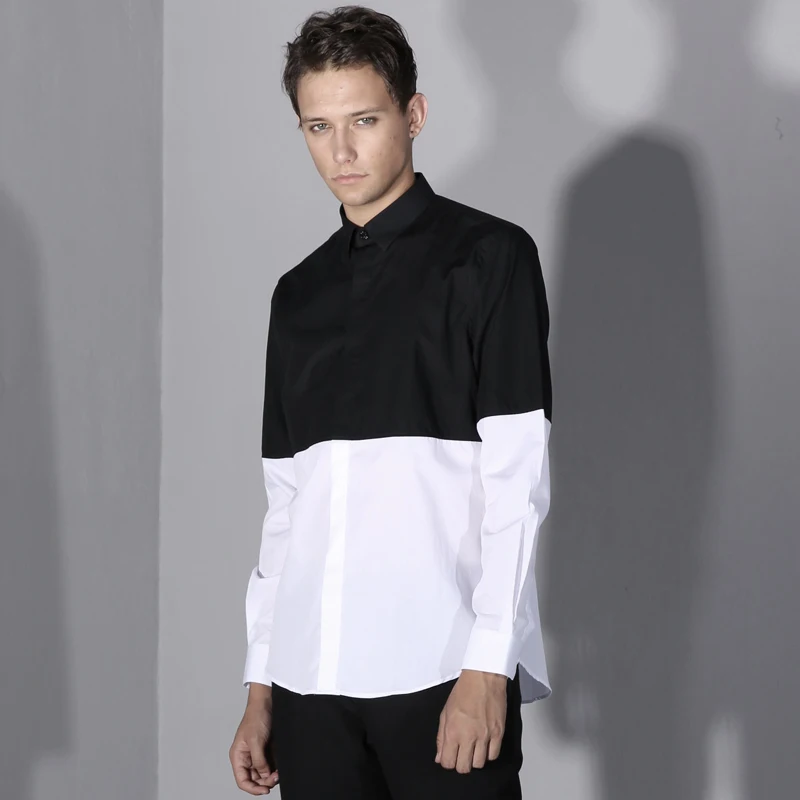 S-6XL! 2018 New men's clothing Hair Stylist Original fashion Catwalk Long sleeved black white splicing Shirt plus size costumes