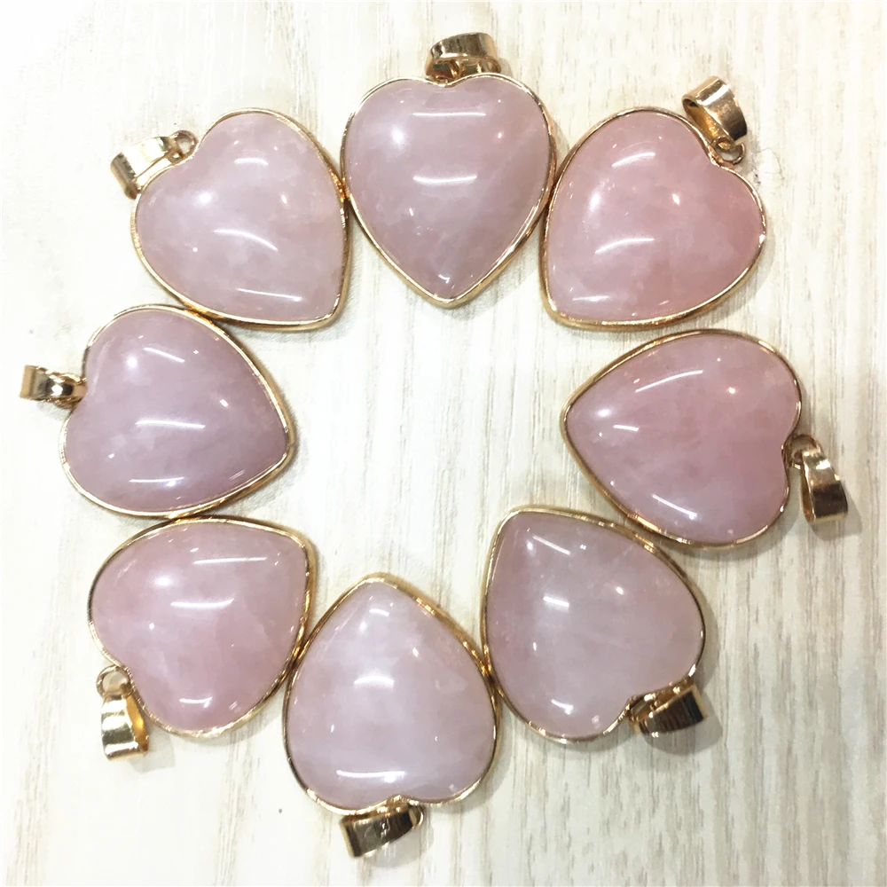 

Hot Good Quality Fashion 25mm Natural Roses Quartz Stone Heart Shape Slide Charms Pendants Necklace for Jewelry Making 12PCS