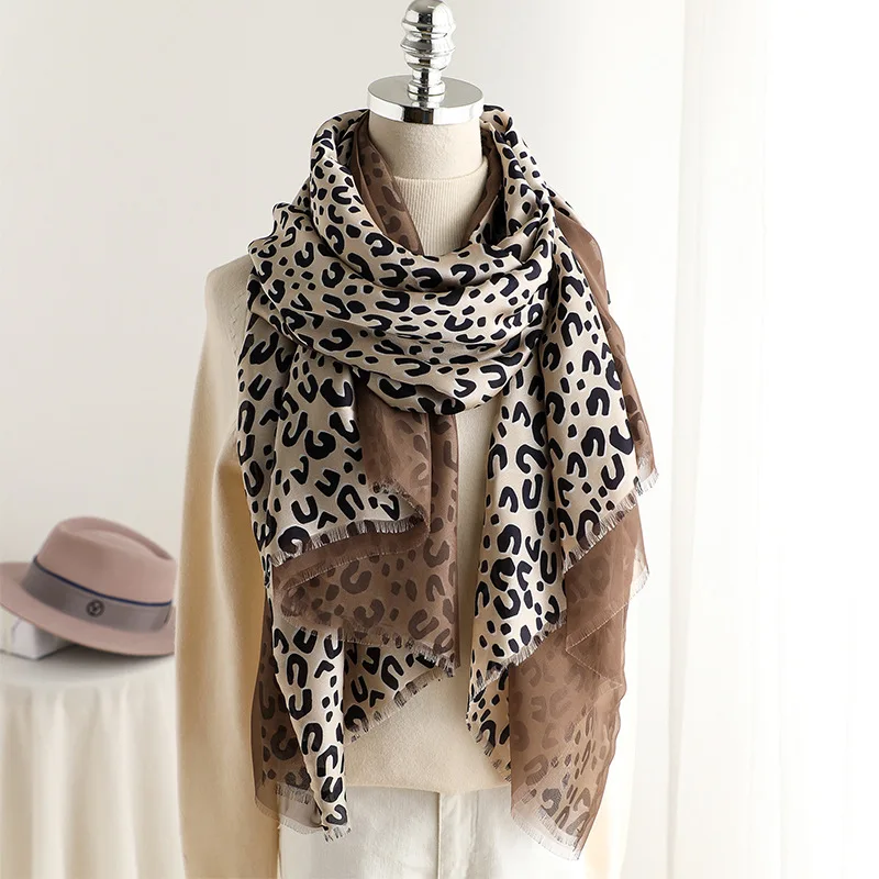 

Newest Leopard Print Winter Scarf for Women Double Layer Silk Long Shawls and Wraps 2019 Spring Scarves Female 90*180cm
