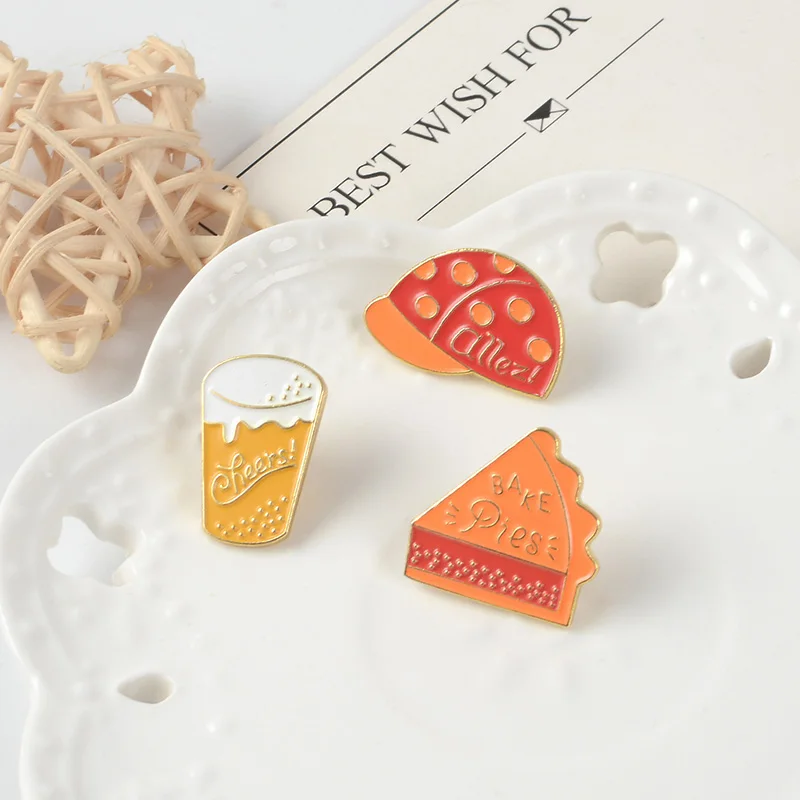 

Cheers ! Beer Fast Food Cheese Pizza Vibrant Orange MAKE PIES Quote Cartoon Enamel Brooch Pin badge Jewelry Collection