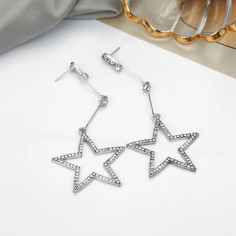 Trendy Korean Style Alloy Pentagram Crystal Drop Earrings For Women Statement Long Dangle Earings Fashion Jewelry | Украшения и