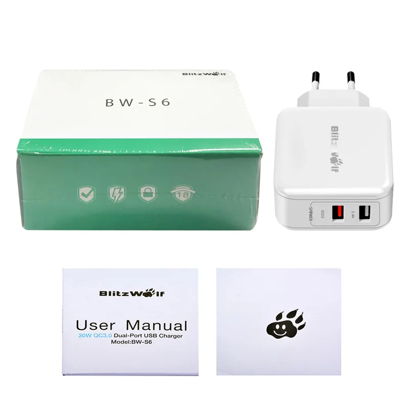 BlitzWolf QC3.0 USB адаптер для путешествий с европейской вилкой зарядное устройство для мобильного телефона быстрое зарядное устройство для iPhone 11X8 Plus для samsung смартфона