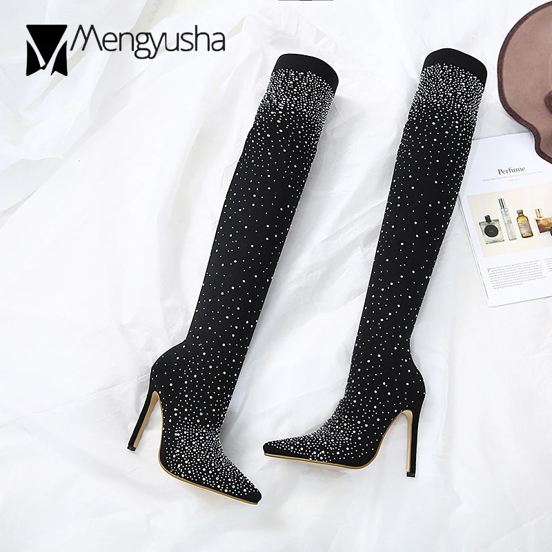 Женские облегающие сапоги роскошные эластичные высокие до бедра с украшением из