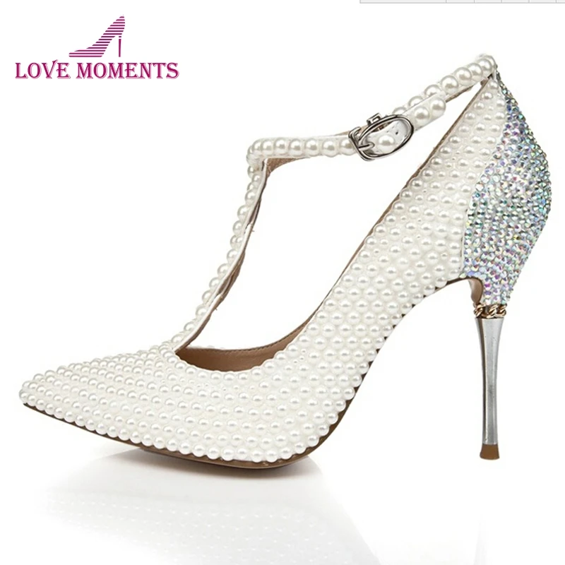 С Т образным ремешком Свадебные туфли цвета слоновой кости с Стразы острым