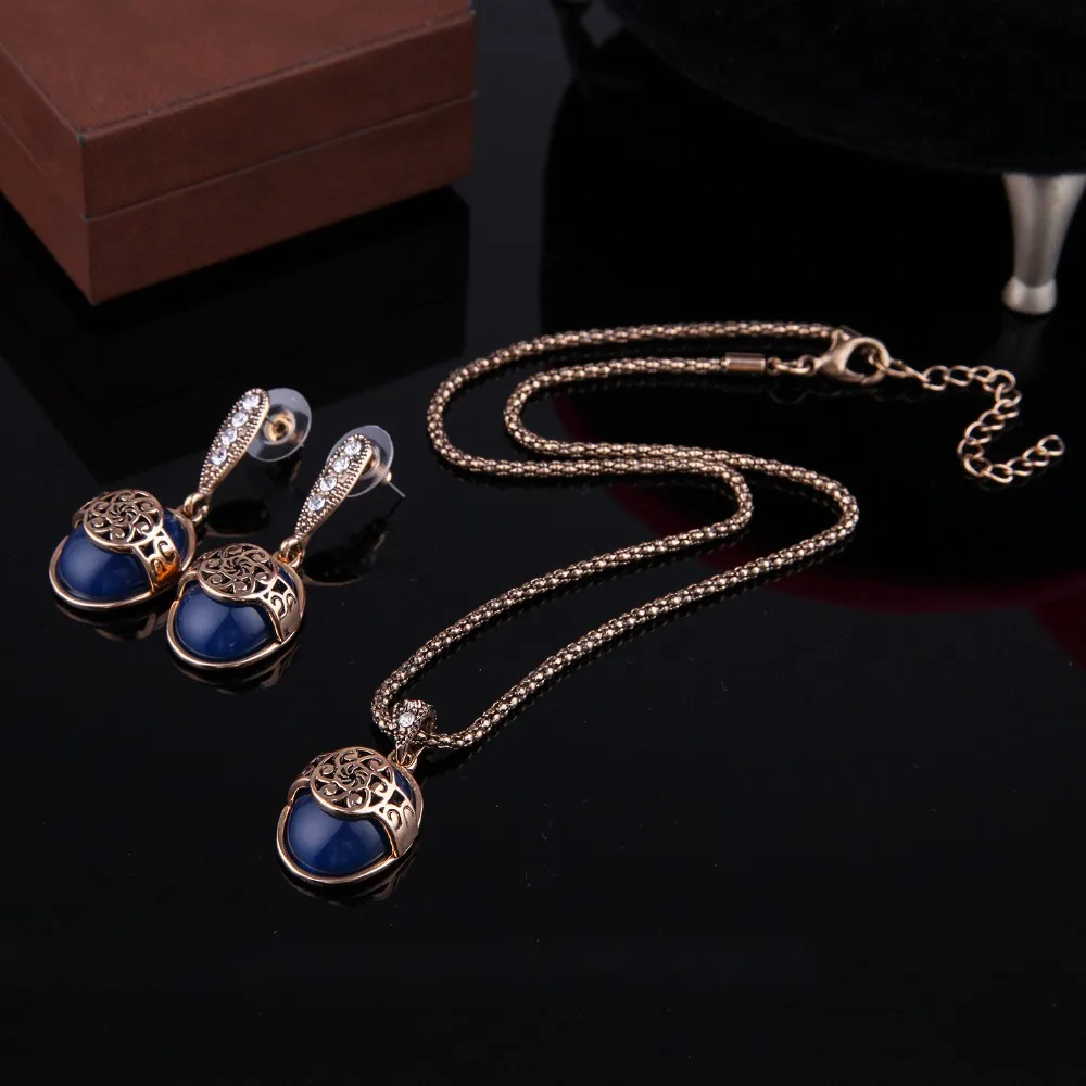 Luxury Gold Color Blue Imitation Gem Dubai Bridal Jewelry Set For Bride Necklace Earring Wedding Party Women Sets | Украшения и
