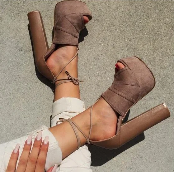 

New Arrivals Womens Square Heel Sandals Peep Toe Brown Coffee Ultra High Heel Platform Lace-up Patchwork Dress Shoes Ankle Strap