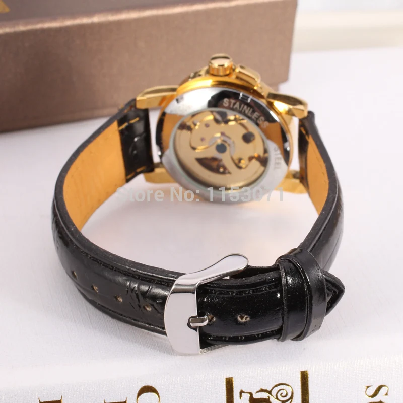 

Latest Winner Automatic women dress wristwatch gold color black leather strap watch factory free shipping WRL8011M3G1