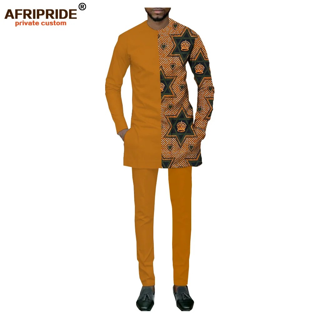 404J Африканский повседневный костюм для мужчин AFRIPRIDE частный заказной полный рукав o-образным вырезом топ+ брюки длиной до лодыжки Тонкий мужской осенний костюм A731604 - Цвет: 404J